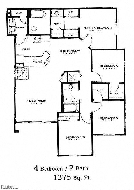 Floor plan for 4 beds, 2 baths, 1375 sqft